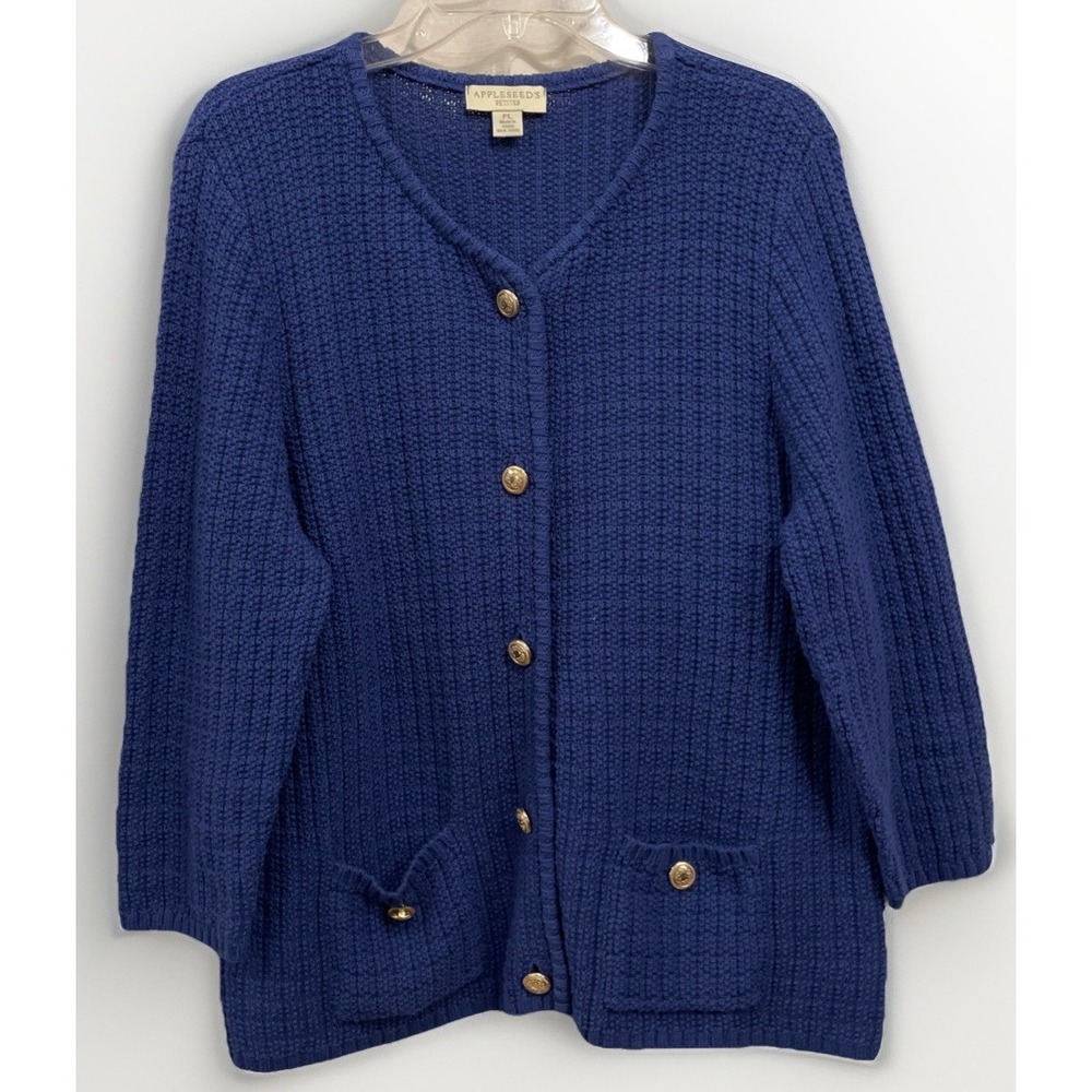 Appleseeds Tisbury Navy Blue Textured Button Down Cardigan Women PL  3/4  Sleeve